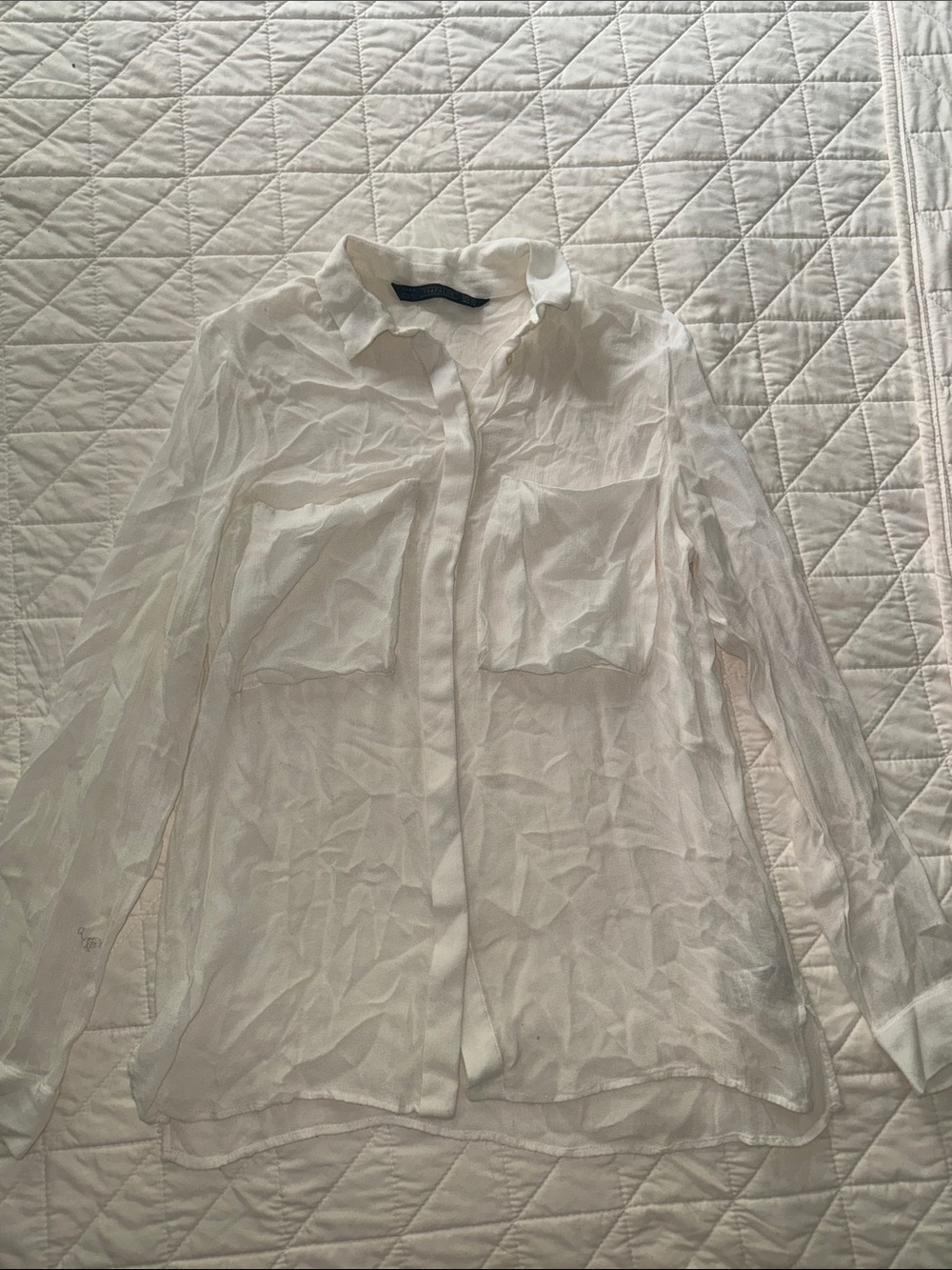 Zara White Long-Sleeve Semi-Sheer Button Shirt